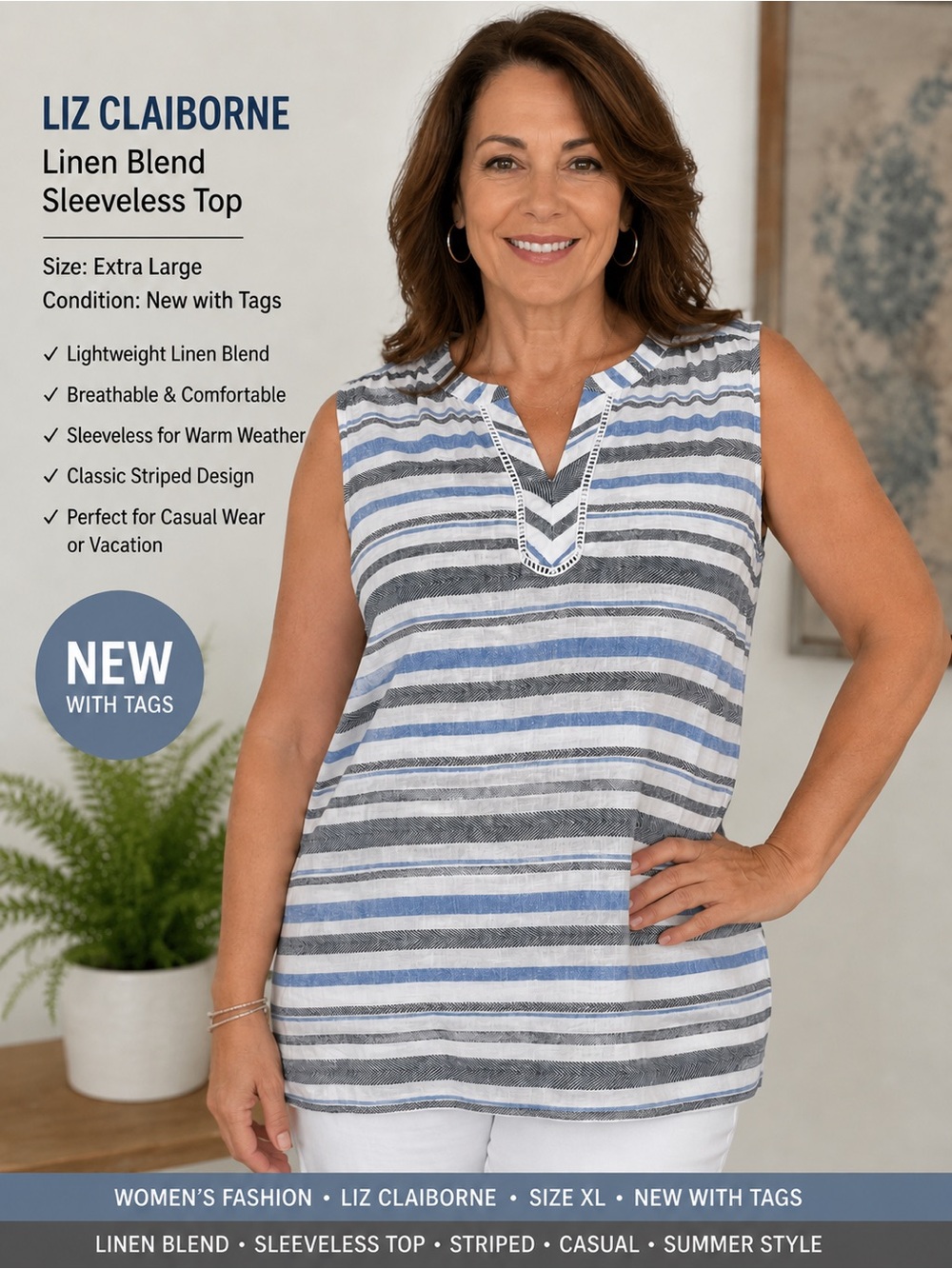 NWT Liz Claiborne Linen Blend Sleeveless Top XL Striped Coastal Boho Tunic